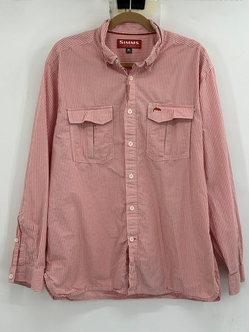 SIMMS Fishing Products Button‎ Up Shirt Orange Gingham Size XL